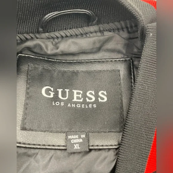 Guess Designer Leather Black and Red Bomber Men's Varsity Jacket XL